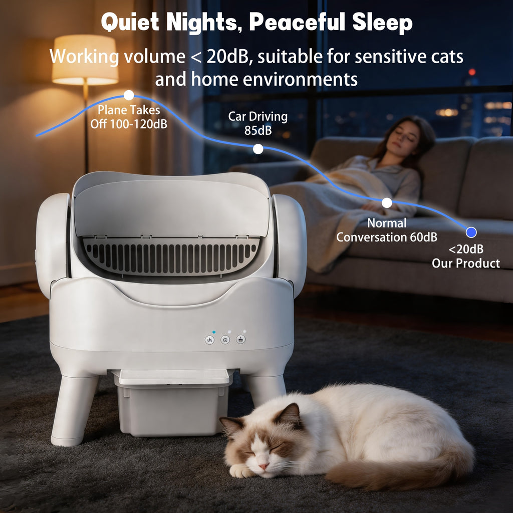 Open Top Self Cleaning Litter Box in White, Automatic Cat Toilet with High Sides, Low Noise Operation and 3.96 Gallon Waste Drawer