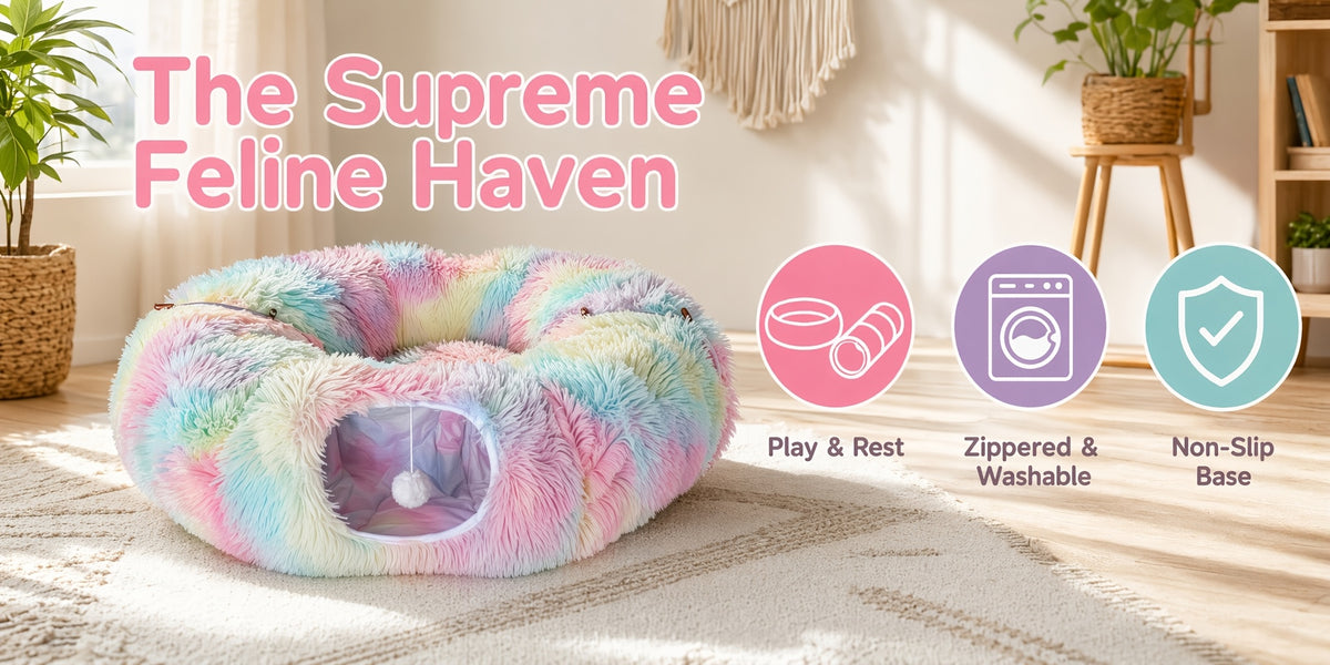 Plush Cat Tunnel Bed for Indoor Cats, 2-in-1 Foldable Donut Hideaway with Removable Washable Mat and Hanging Toy Ball, Four Color Options