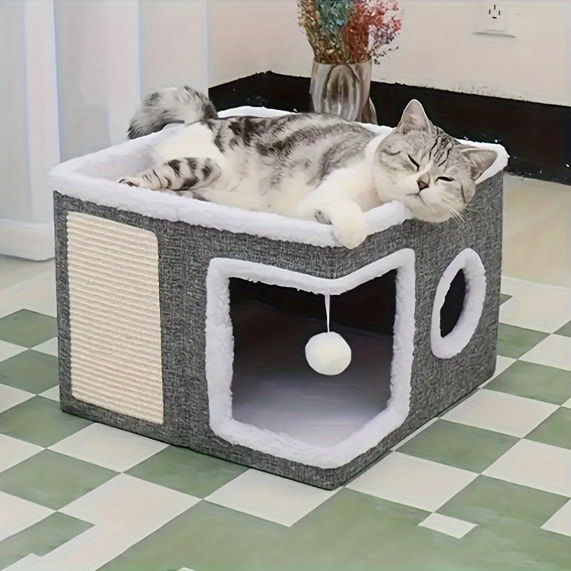 Cat Cube Bed with Foldable Canvas Design and Hanging Plush Ball, Nylon Frame Indoor Hideaway in Gray Classic or Extended Dual-Port Styles