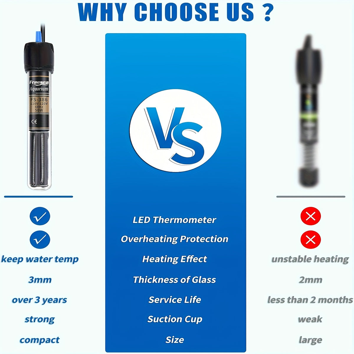 Aquarium Heater with Thermometer, Submersible Fish Tank Water Heater in 25W, 50W, 100W or 300W for Freshwater and Saltwater Setups