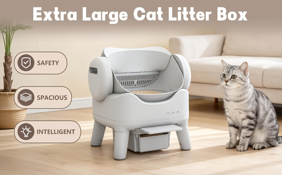 Open Top Self Cleaning Litter Box in White, Automatic Cat Toilet with High Sides, Low Noise Operation and 3.96 Gallon Waste Drawer