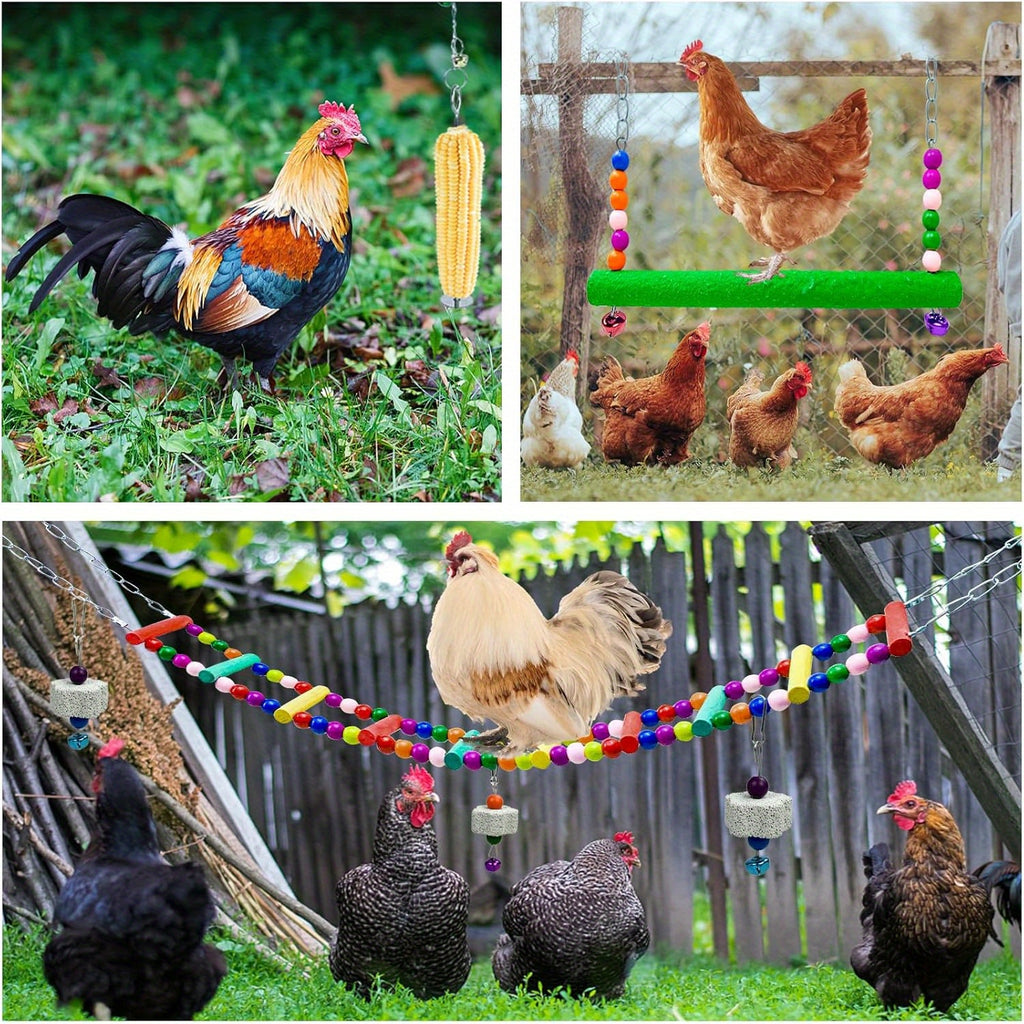 Chicken Coop Toy Set in 5 or 9 Piece Options, Hanging Poultry Enrichment Accessories for Backyard Hens, Coop Activity and Chicken Keeper Gifts