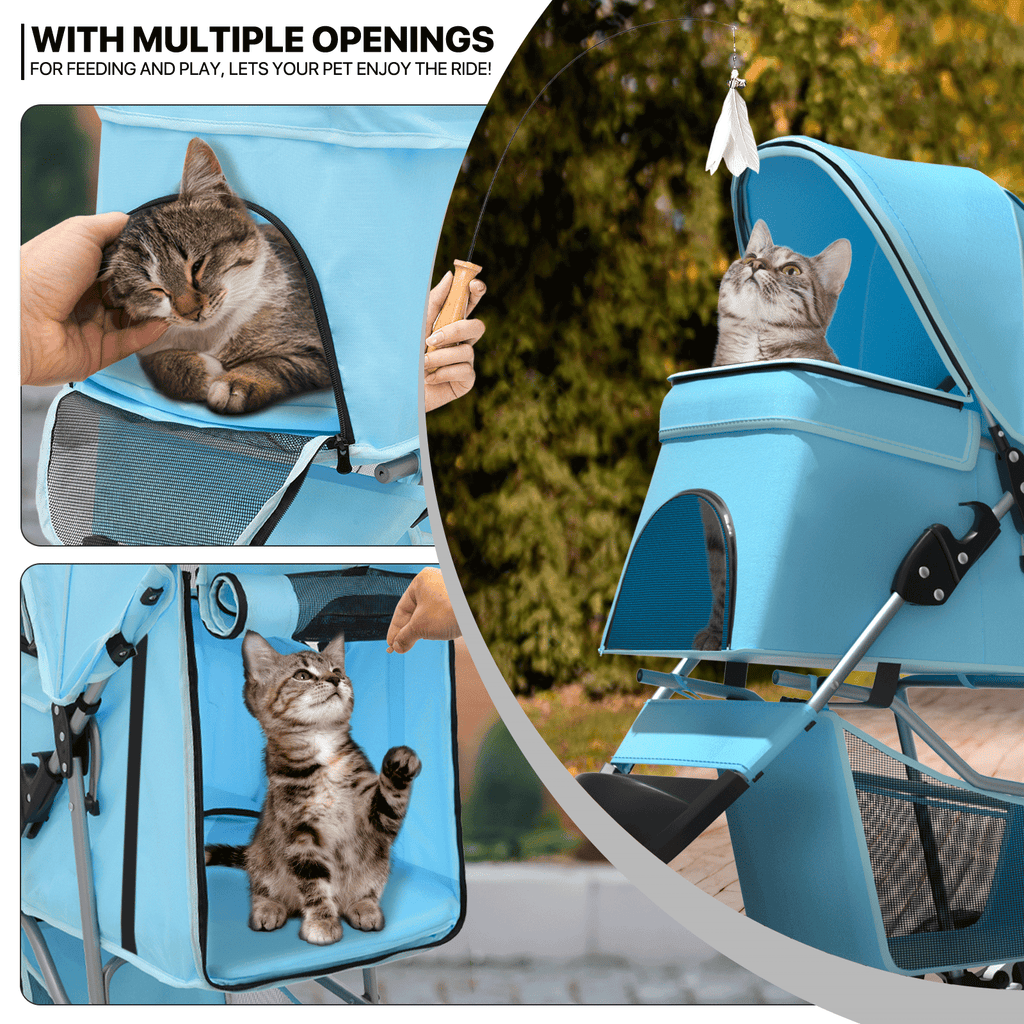 Three-Wheel Dog Stroller with Weather Cover, Foldable Mesh Pet Pushchair for Small Dogs and Cats, Storage Basket, Cup Holder and 10 Style Options
