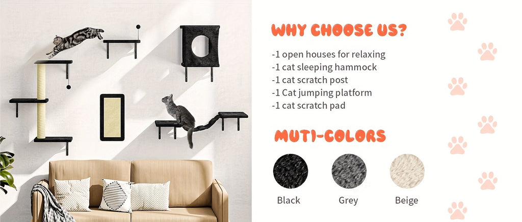 5-Piece Cat Wall Shelves Set with House, Bridge Hammock, Scratching Post and Pad, Wall-Mounted Indoor Climbing Furniture in Grey or Beige