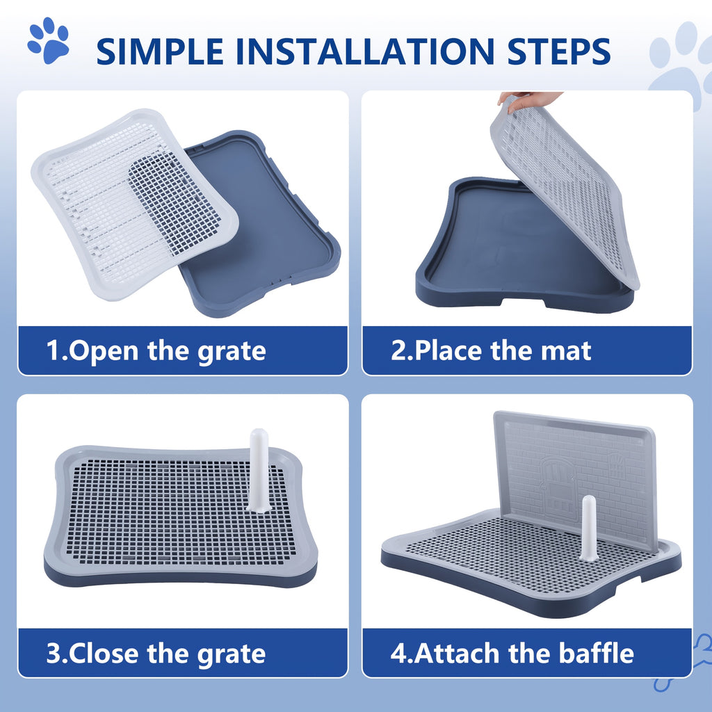 Dog Potty Tray with Tall Splash Guard, 20 x 15.4 Inch Navy Blue Indoor Puppy Toilet with Removable Grate for Small Dog House Training