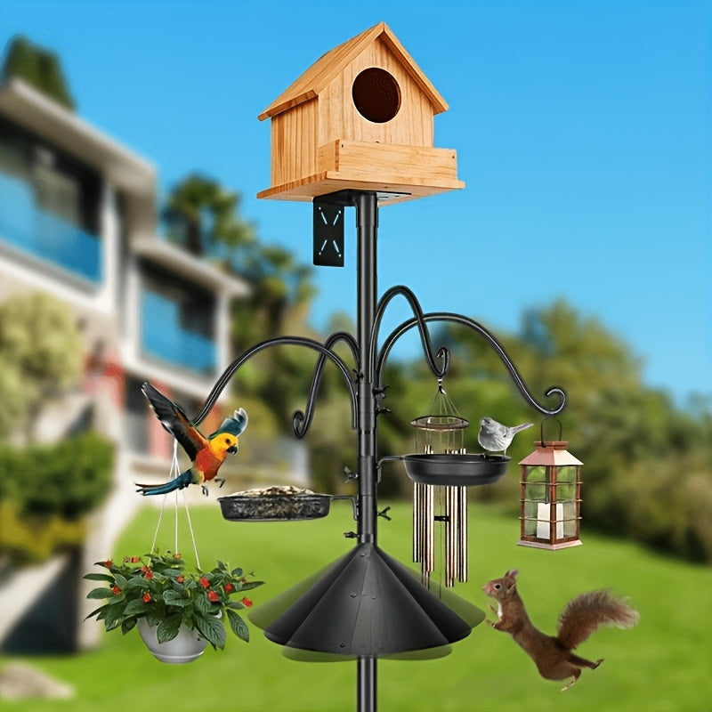 Bird Feeder Pole with Squirrel Baffle, 92-Inch Listed Garden Feeding Station Stand with Adjustable Shepherd Hooks and Metal Trays, Birdhouse Not Included