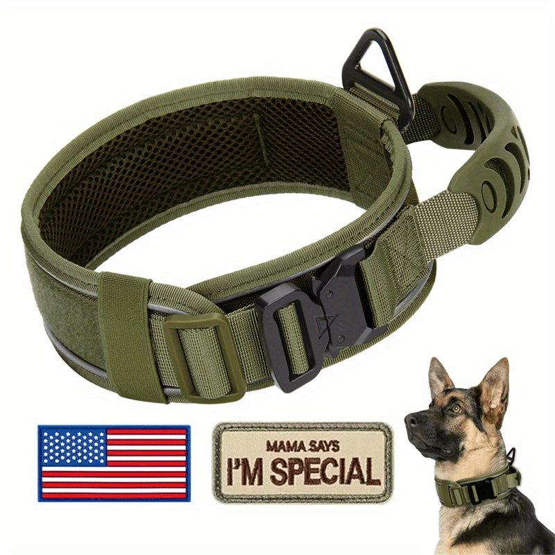 Tactical Dog Collar 2.6 Inch Wide with Padded Control Handle, Reflective Adjustable Nylon and Mesh Collar with Metal Buckle and 2 Patches, M L XL