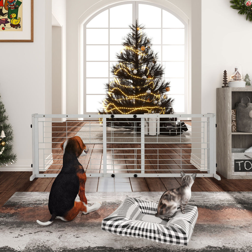 Wood Dog Gate with Sliding Width Adjustment, 38–71 Inch Freestanding Pinewood Pet Barrier with Wide Support Base for Indoor Doorways and Hallways
