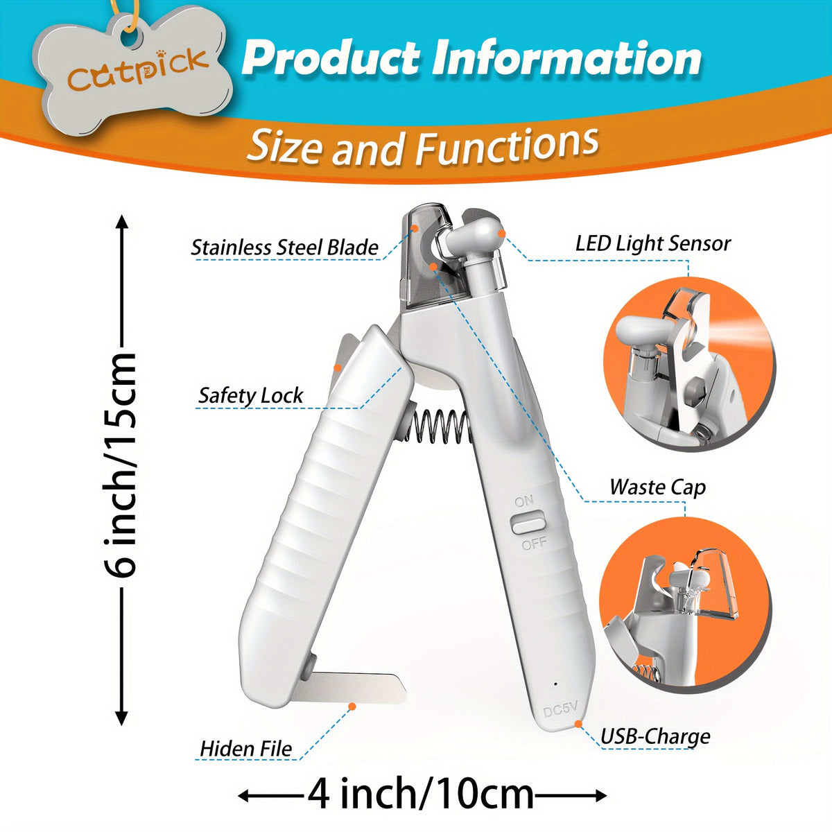 LED Dog Nail Clippers with Hidden File and Safety Lock, White Stainless Steel Blade Pet Nail Trimmer for Careful At-Home Dog and Cat Grooming