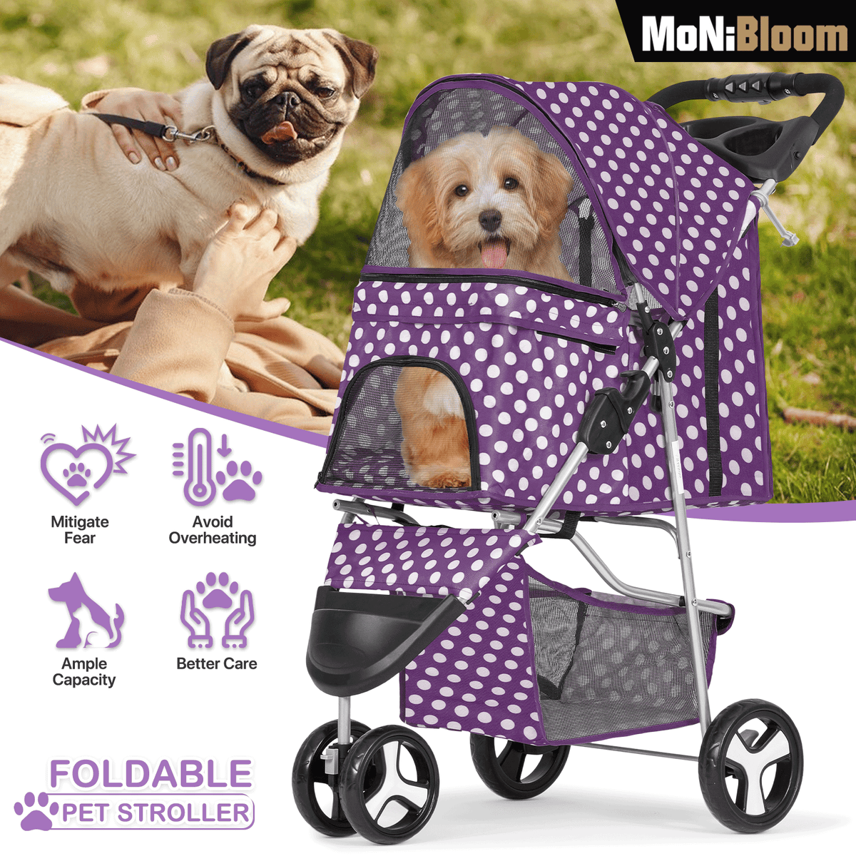 Three-Wheel Dog Stroller with Weather Cover, Foldable Mesh Pet Pushchair for Small Dogs and Cats, Storage Basket, Cup Holder and 10 Style Options