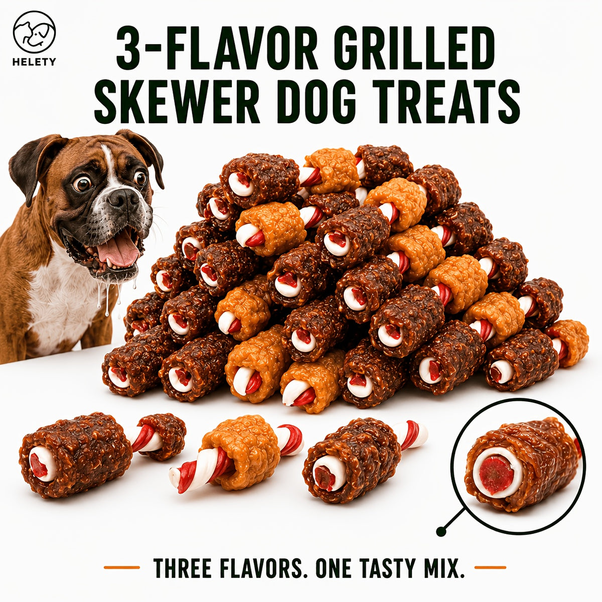 3-in-1 Dog Treat Skewers with Chicken Sausage, Duck Jerky and Bone-Shaped Chews, Mixed-Texture Snacks for Supervised Rewards and Treat Time