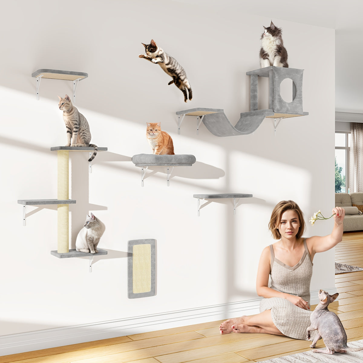 Cat Wall Furniture 7-Piece Set with House, Bridge, Hammock and Scratching Board, Wall-Mounted Climbing Shelves for Indoor Cats in Black or Grey
