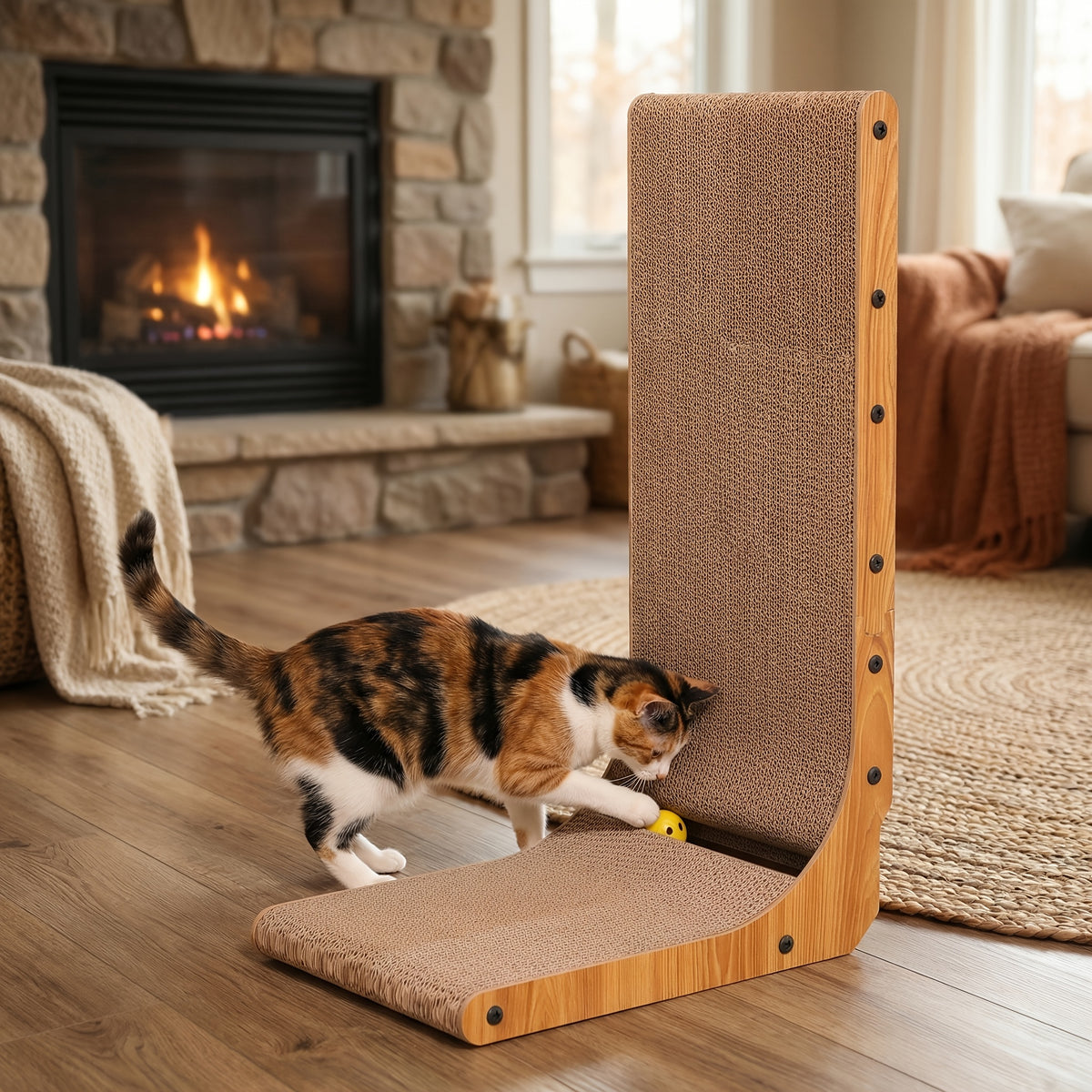 L-Shaped Cat Scratcher for Indoor Cats, Extra Large Corrugated Cardboard Scratch Pad with Ball Toy, Wall-Mounted or Horizontal Lounge