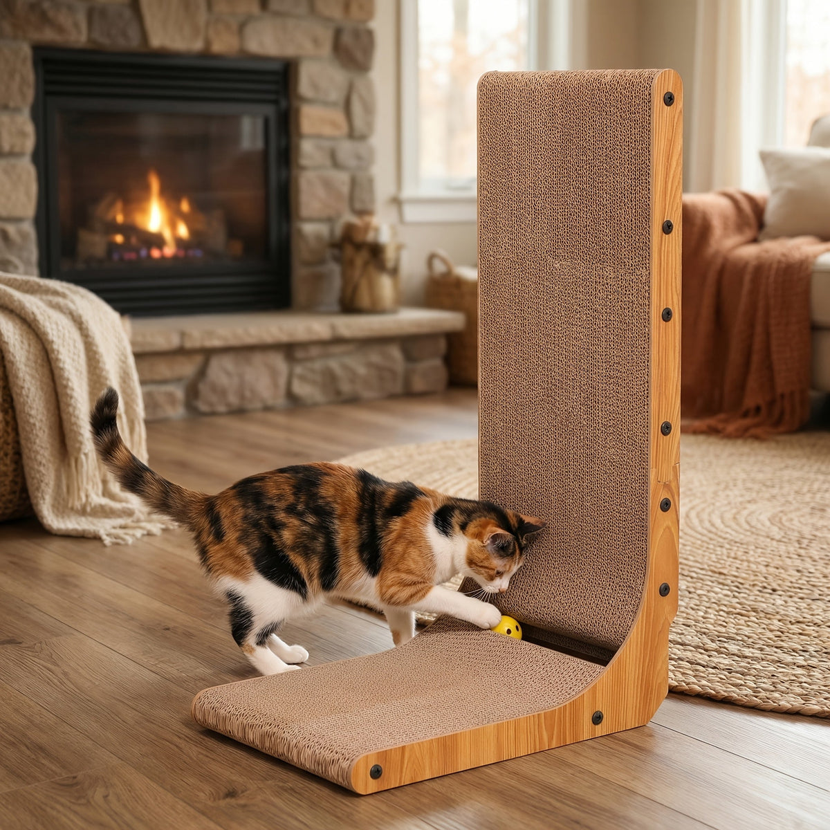 L-Shaped Cat Scratcher for Indoor Cats, Extra Large Corrugated Cardboard Scratch Pad with Ball Toy, Wall-Mounted or Horizontal Lounge