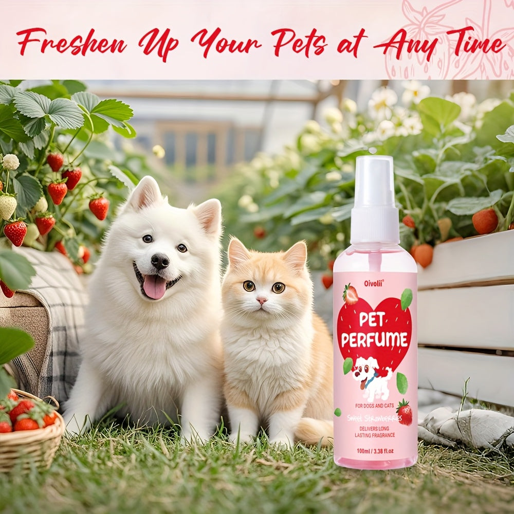 Dog Perfume Spray with Sweet Strawberry Scent, 100ml Pet Cologne and Deodorizing Mist for Label-Directed Coat and Bedding Freshening