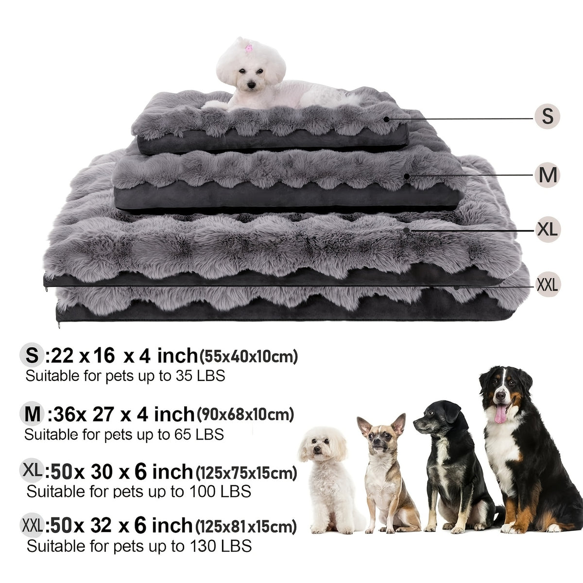 Faux Fur Dog Bed with Removable Washable Cover and Anti-Slip Bottom, Soft Fluffy Plush Sleeping Mat in Small to XXLarge Size Options