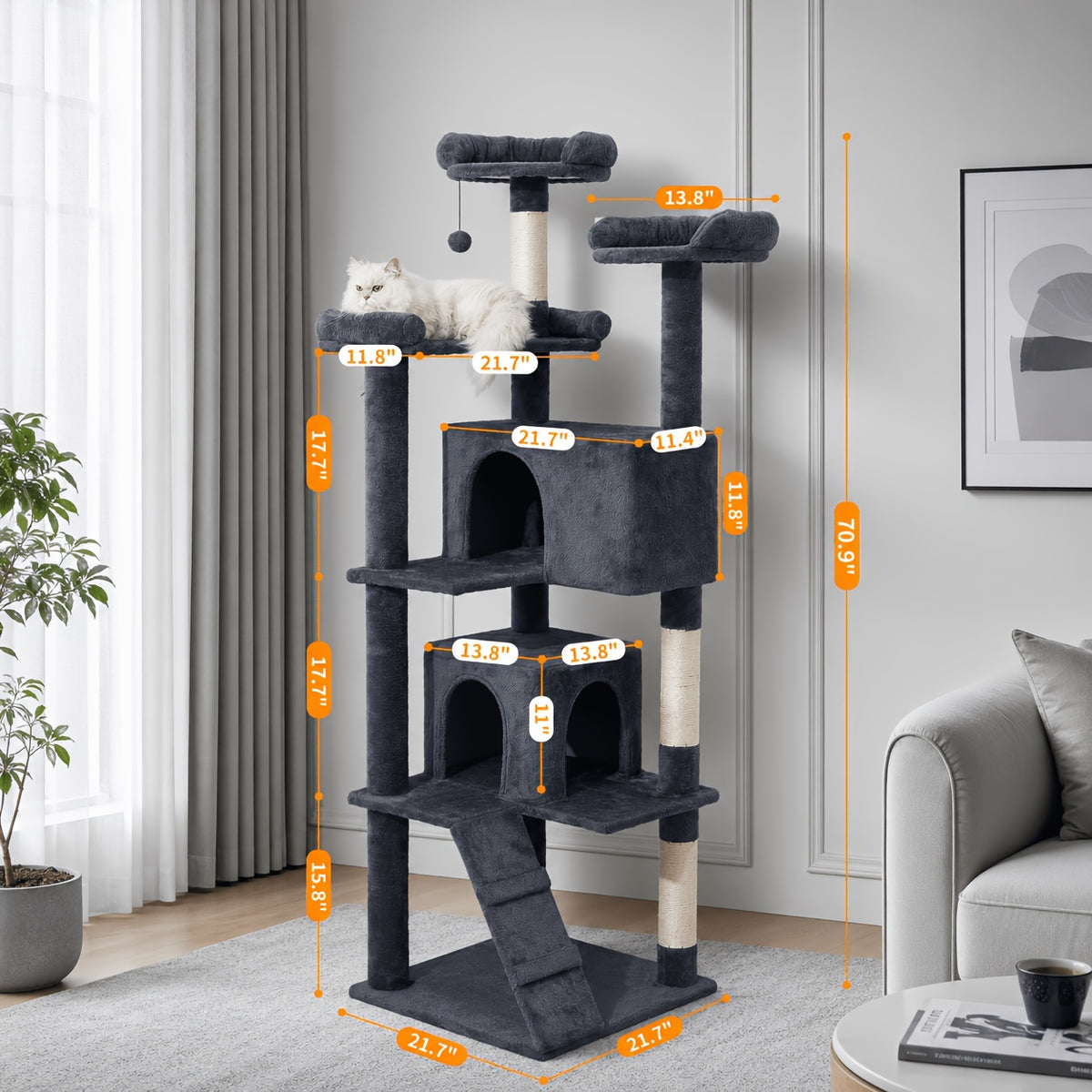 Cat Tree with Two Condo Retreats in Light Grey, Multi-Level Indoor Cat Tower with Scratching Posts and Play Toys for Kittens and Cats to Climb, Rest and Explore