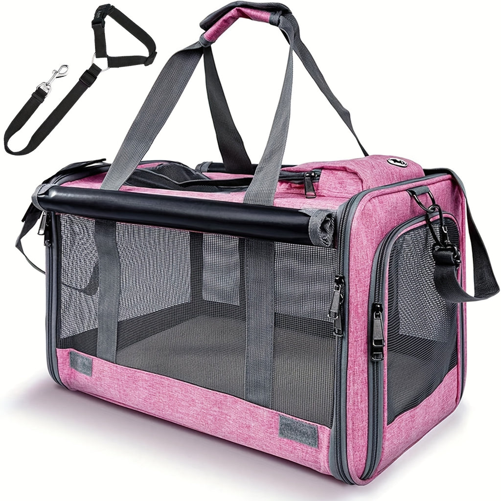 Pink Foldable Pet Carrier for Cats and Puppies, Breathable Soft-Sided Travel Bag with Pet Straps for Vet Visits, Short Trips and Everyday Outings