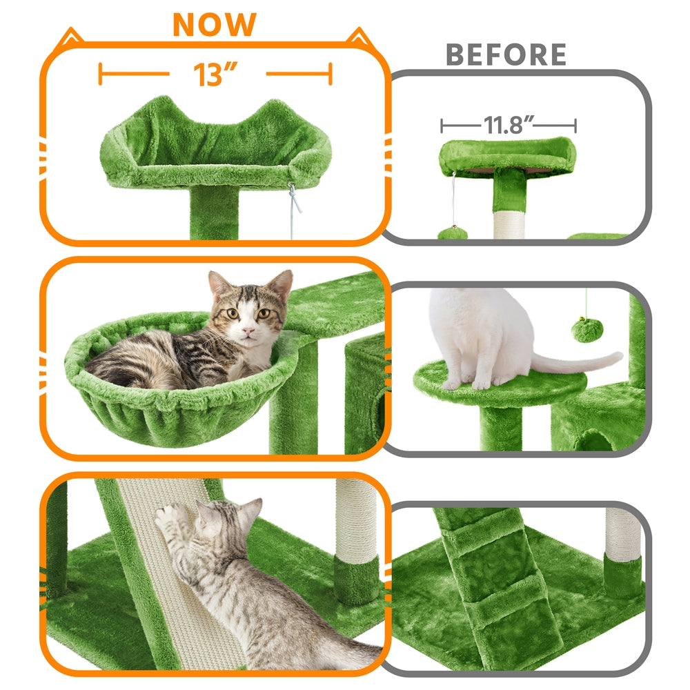 Cat Tree 57 Inch with Two Condos, Plush Multi-Level Indoor Kitten Tower with Round Platform, Ladder and Dangling Ball for Small Cats