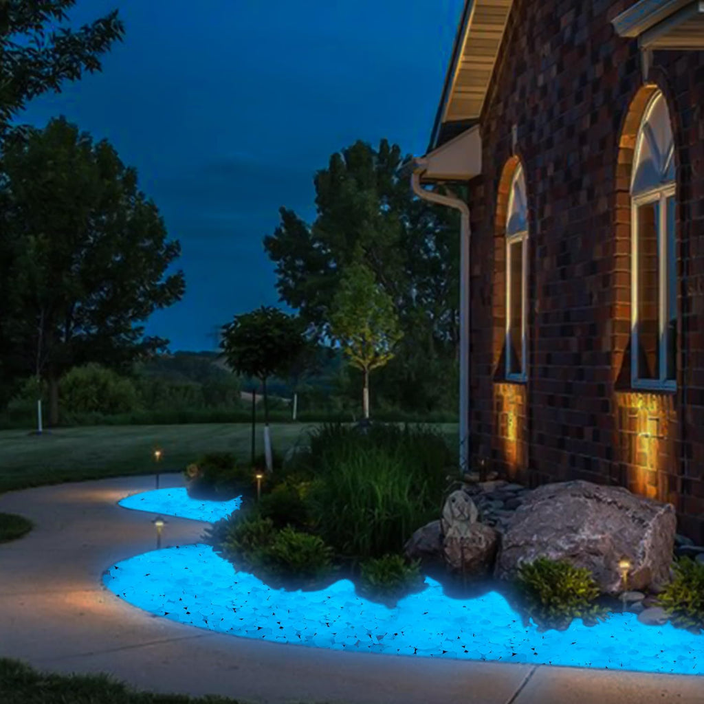 Glow in the Dark Pebbles, 1500 Blue Luminescent Decorative Stones Charged by Sunlight or Lamp Light for Garden Paths and Indoor Displays