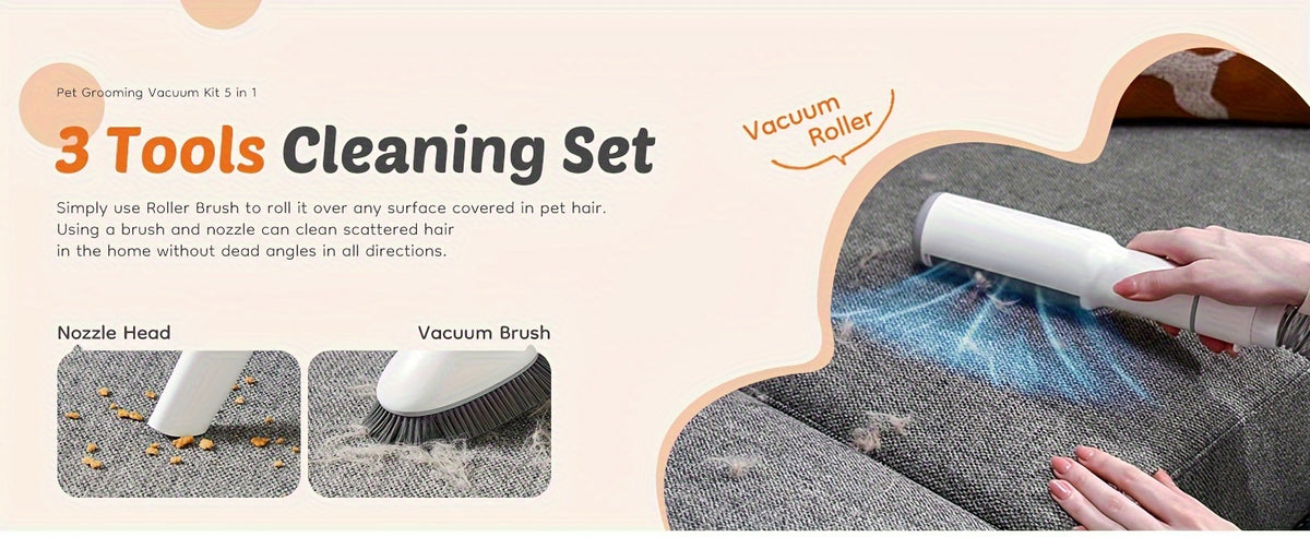 Pet Hair Grooming Vacuum Kit, 5-in-1 Dog and Cat Clippers with 6 Guide Combs, Adjustable Suction and Brushes for At-Home Coat Care