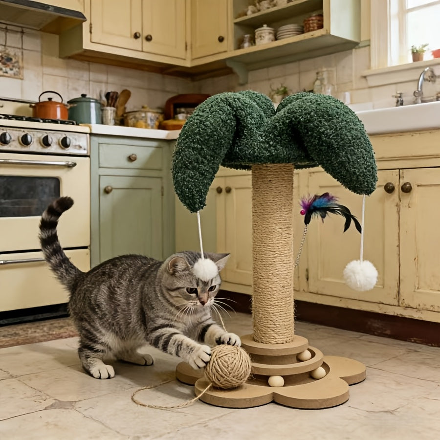 Sisal Cat Scratching Post with Clown Hat Design, Vertical Indoor Cat Scratcher with Random-Color Teaser Stick in Green or Dark Green