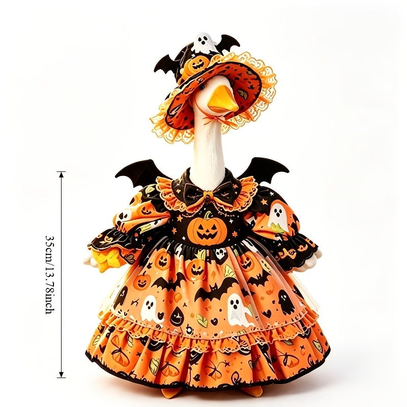 Halloween Porch Goose Costume for 23-Inch Decorative Statues, Orange Witch Dress Outfit with Lace Trim and Bat Pumpkin Theme for Fall Decor