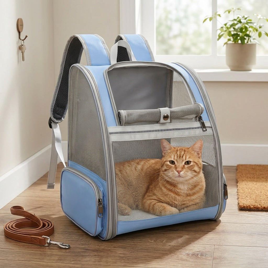 Mesh Cat Carrier Backpack, Foldable Pet Travel Bag with Three-Sided Ventilation, Chest Buckle and Removable Mat for Cats and Small Dogs, Purple or White