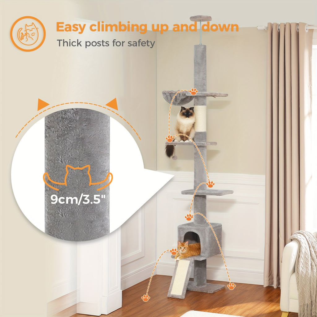 5-Tier Floor to Ceiling Cat Tree, 83–108 Inch Adjustable Indoor Cat Tower with Condo, Hammock, Scratching Post and Ladder in Seven Color Options