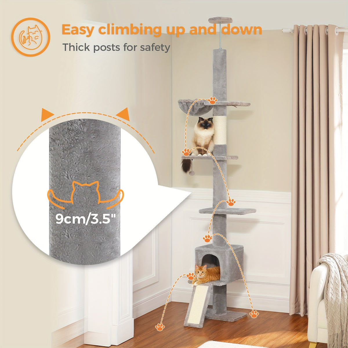 5-Tier Floor to Ceiling Cat Tree, 83–108 Inch Adjustable Indoor Cat Tower with Condo, Hammock, Scratching Post and Ladder in Seven Color Options