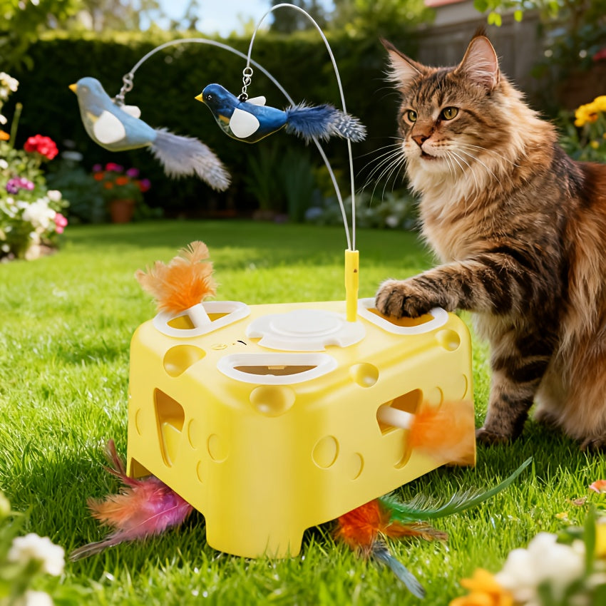 Interactive Cat Toy with Cheese-Shaped Base, 6-Hole Pop-Up Feathers and Flying Bird Wand, USB Rechargeable 3-Mode Toy for Indoor Cat Play
