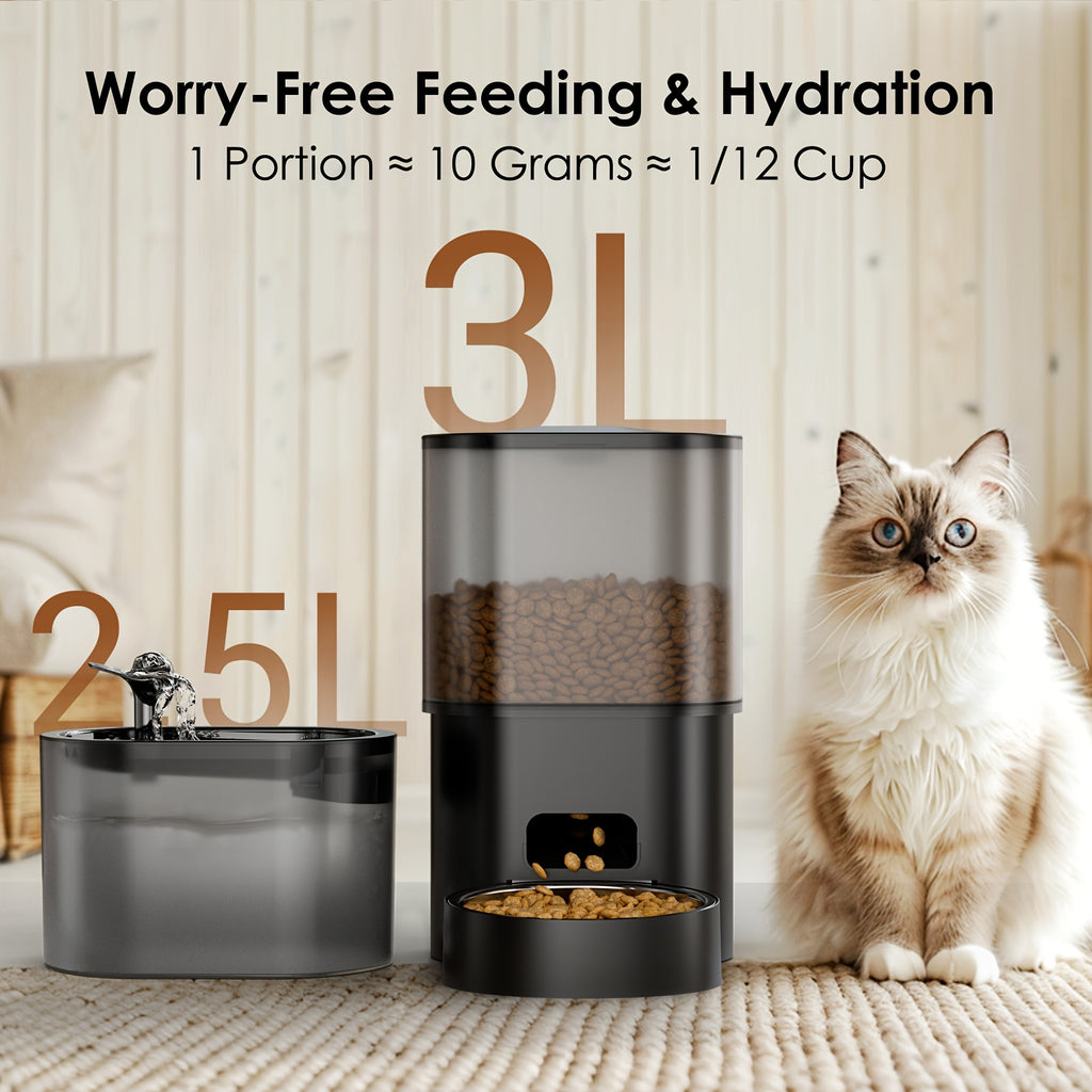 WiFi Cat Feeder and Water Fountain Set, 3L Automatic Food Dispenser with 2.5L Filtered Pet Drinker for Everyday Cat and Dog Feeding Routines