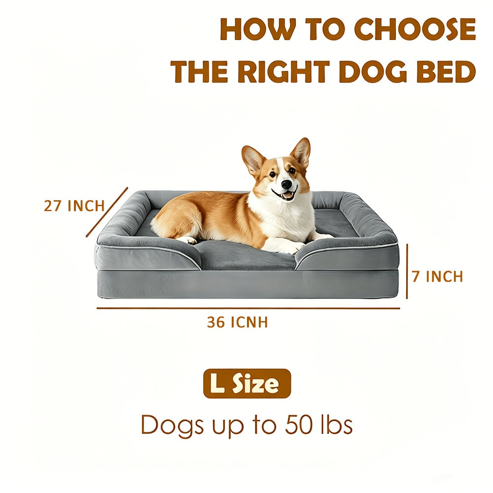 Orthopedic Bolster Dog Bed with Egg Crate Foam, Removable Washable Cover and Non-Slip Base, Gray Pet Sofa in 36, 42 and 48 Inch Sizes