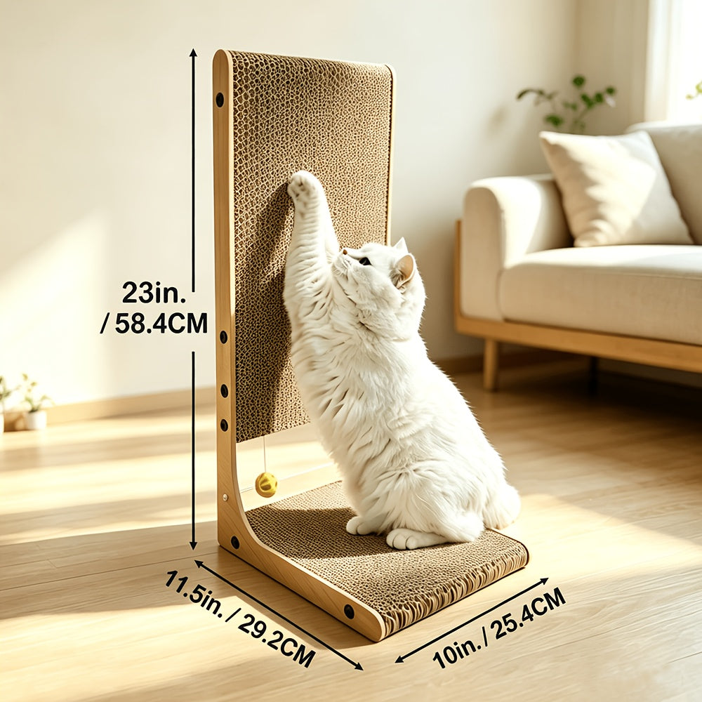 Cat Scratching Board with Toy Balls, 23-Inch L-Shaped Cardboard Scratcher for Indoor Cats, Vertical Stretch and Floor Scratch Pad, 1 or 3 Pieces
