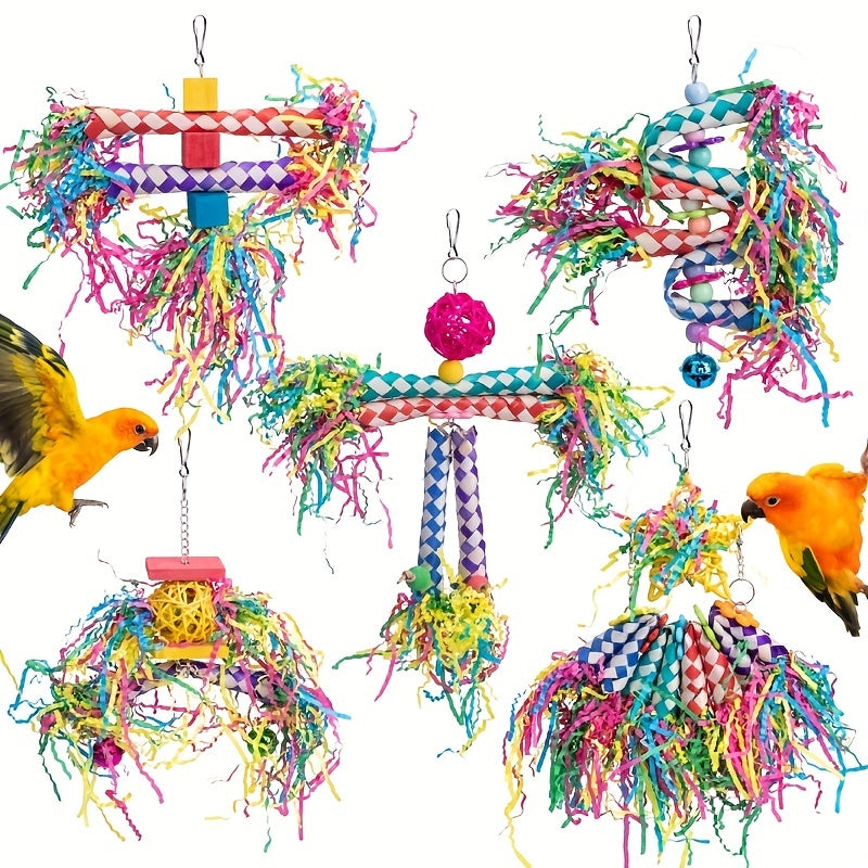 Bird Shredding Toys 5-Piece Set with Woven Tubes and Colorful Crinkle Strips, Hanging Parrot Cage Chew Activities for Supervised Enrichment