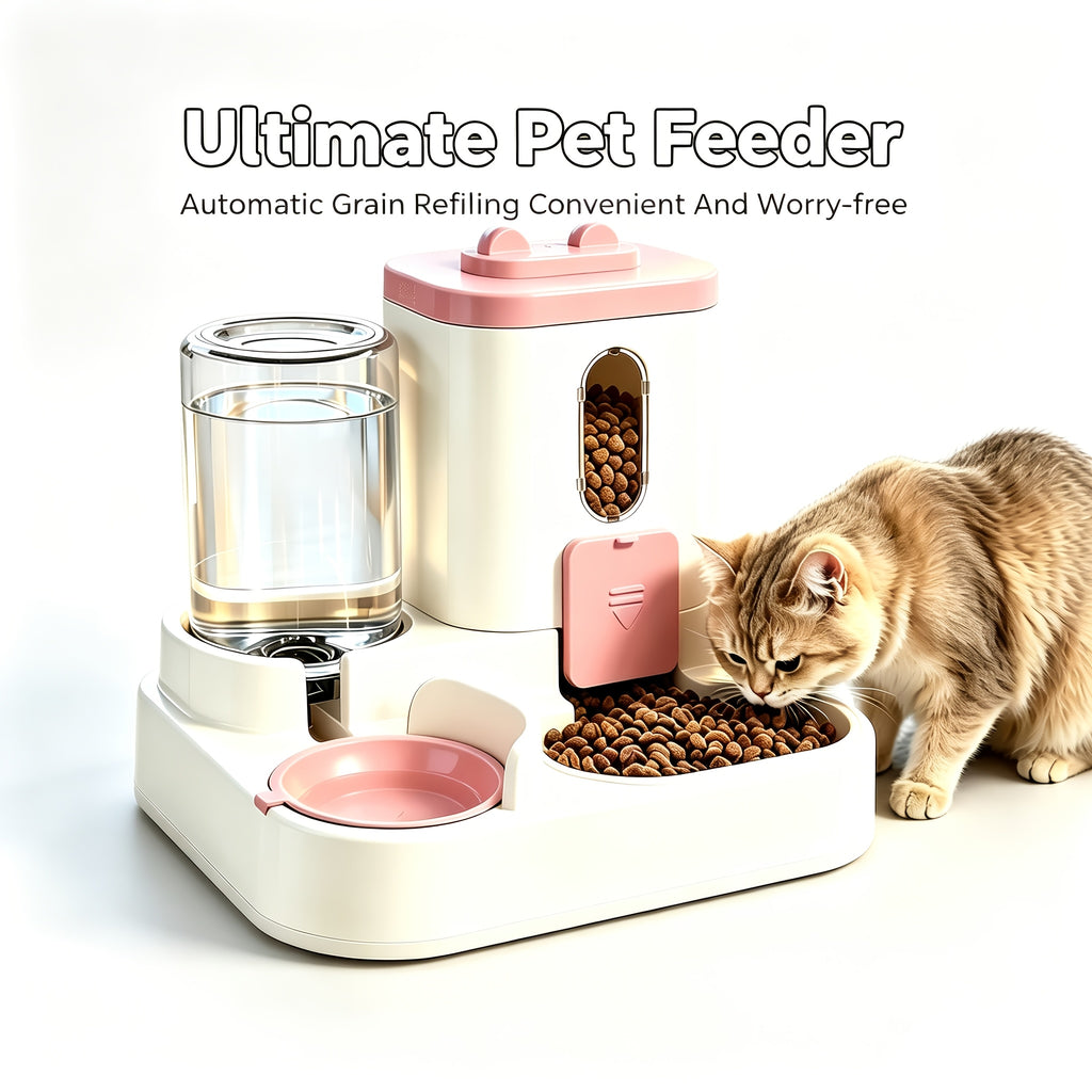 Automatic Pet Feeder 2-in-1 for Cats and Dogs, Non-Electric Space-Saving Feeding Station for Daily Pet Care in Pink, Grey or Light Yellow
