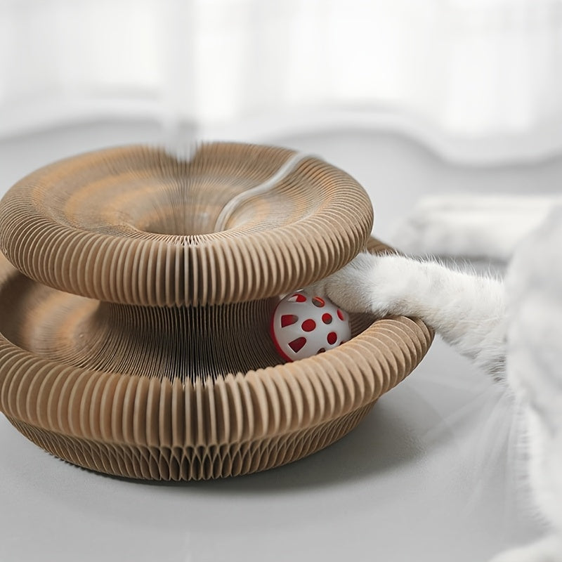 Flower Cat Scratcher Toy with Magnetic Accordion Design, Foldable Corrugated Cardboard Scratching Surface and Bell Ball for Indoor Cat Play