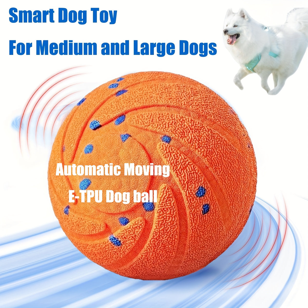 Automatic Moving Dog Ball, 3.2-Inch E-TPU Motion Activated Rolling and Bouncing Toy for Medium and Large Dogs, Blue or Orange Chase Play
