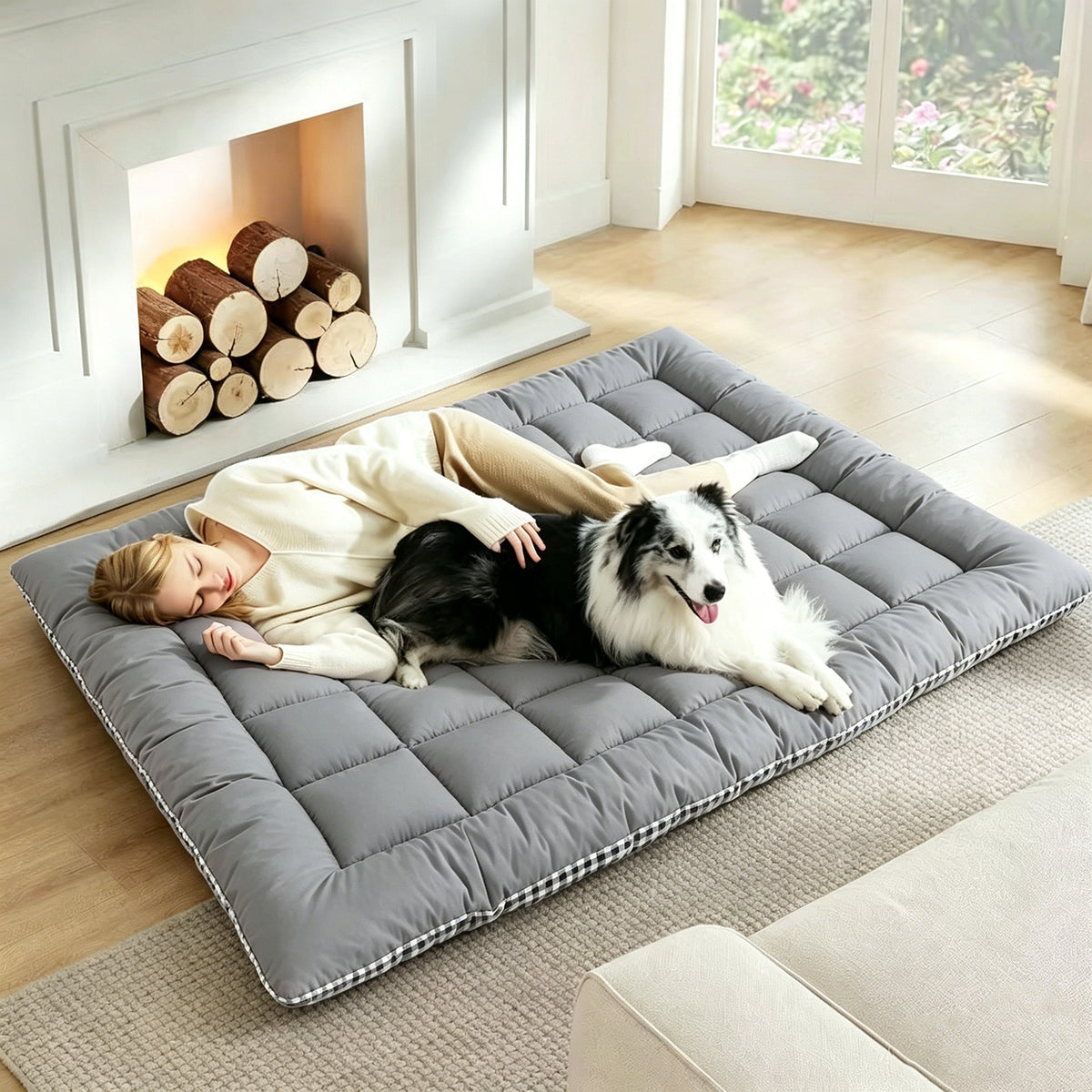 Dog Bed Mat Topper with Four Corner Straps, Rectangular Roll-Up Pet Mattress Pad for Large Dogs and Multi-Pet Homes, L to XXXL with Plush and Faux Fur Options