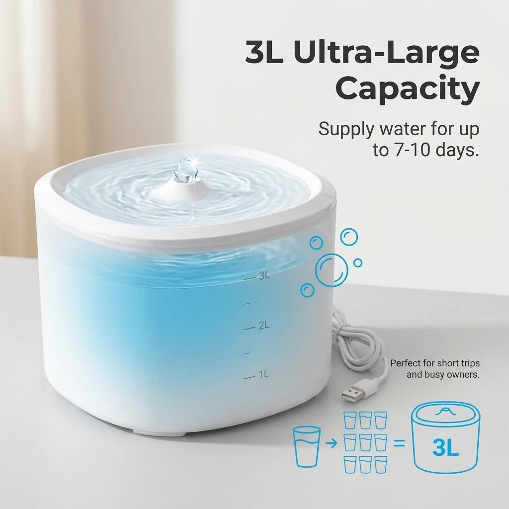 Pet Water Fountain 3L Filter Bundle, Quiet USB Powered Drinking Dispenser with 2 Replacement Filters and Detachable Design for Cats and Dogs