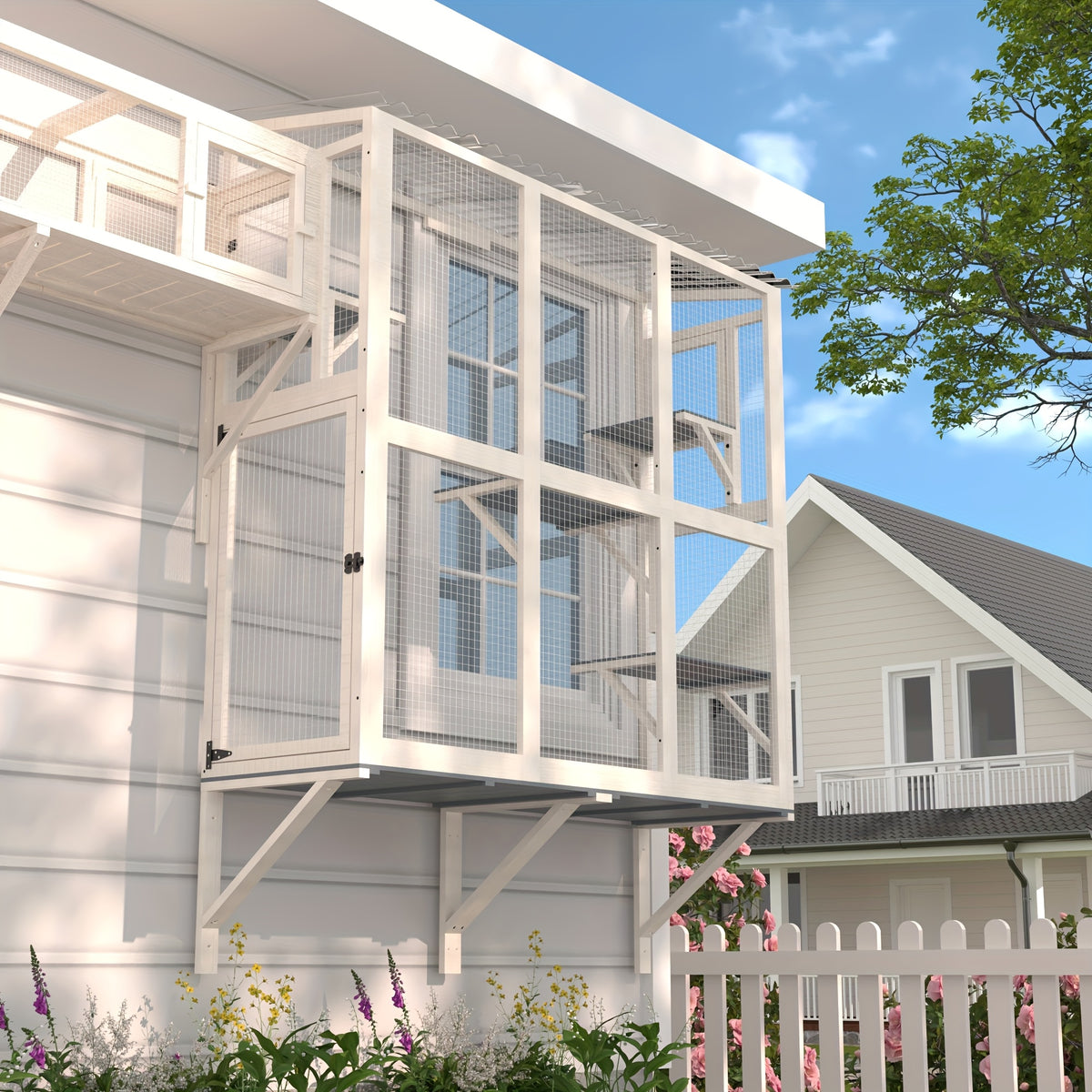Window Catio for Indoor Cats, Wooden Wall-Mounted Cat Window Box with 4 Platforms and 3 Doors for Sunbathing, Play and Tunnel Connection