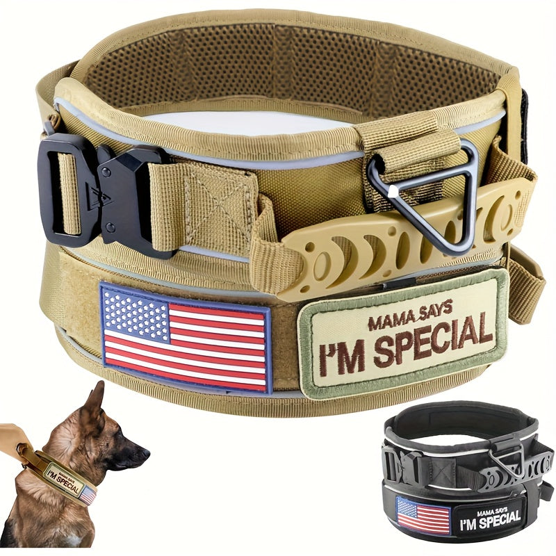 Tactical Dog Collar 2.6 Inch Wide with Padded Control Handle, Reflective Adjustable Nylon and Mesh Collar with Metal Buckle and 2 Patches, M L XL