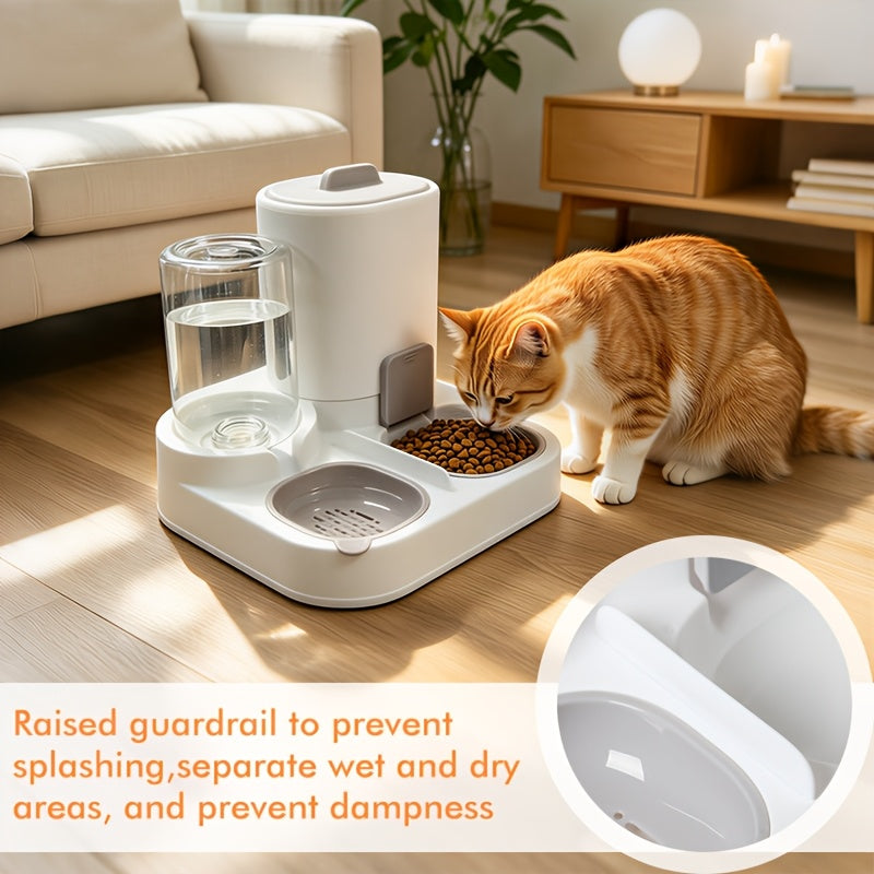 Cat Feeder and Waterer 2-in-1, Gray Integrated Pet Feeding Station with Detachable Stainless Steel Food Bowls and Storage for Cats and Small Dogs