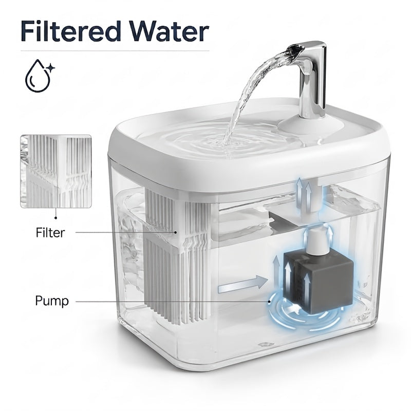 Filtered Cat Water Fountain, Ultra-Quiet USB Powered Pet Drinking Dispenser with Multi-Stage Filtration, Easy-Clean Design for Home & Travel