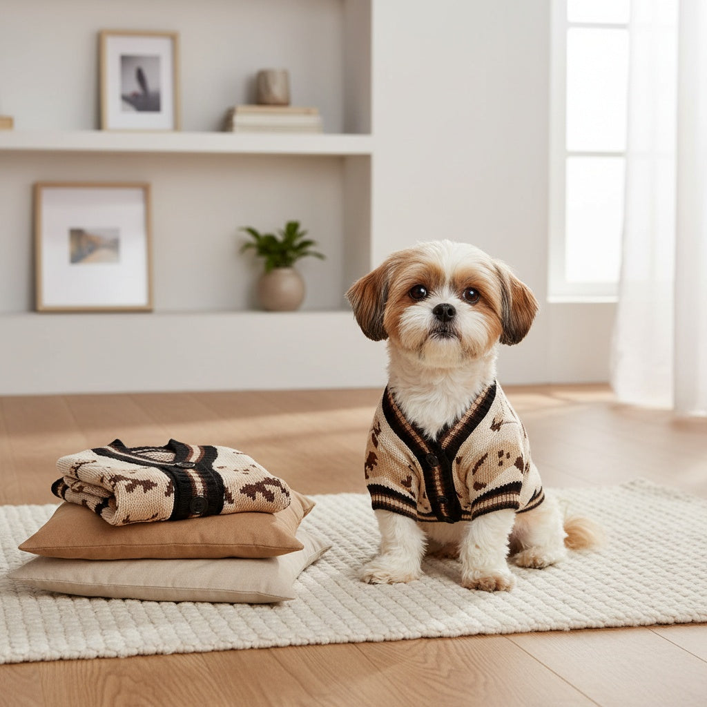 Bear Print Dog Cardigan Sweater with Button Closure, Beige Knit Pet Outfit with Contrast Ribbed Trim and Short Sleeves in M, L and XL Sizes
