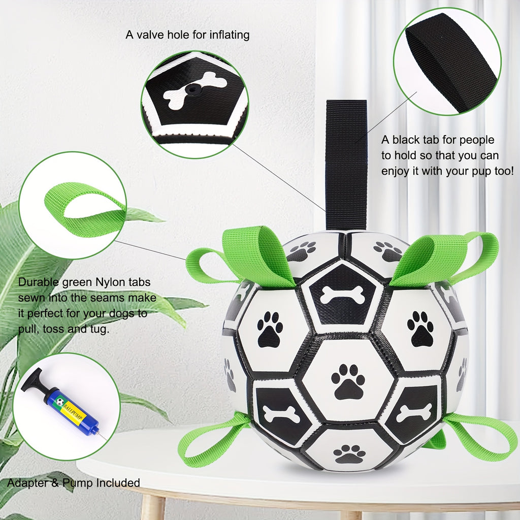 Dog Soccer Ball with Straps for Small and Medium Dogs, Interactive Tug of War and Fetch Toy for Outdoor Play, Puppy Birthday and Christmas Gifts