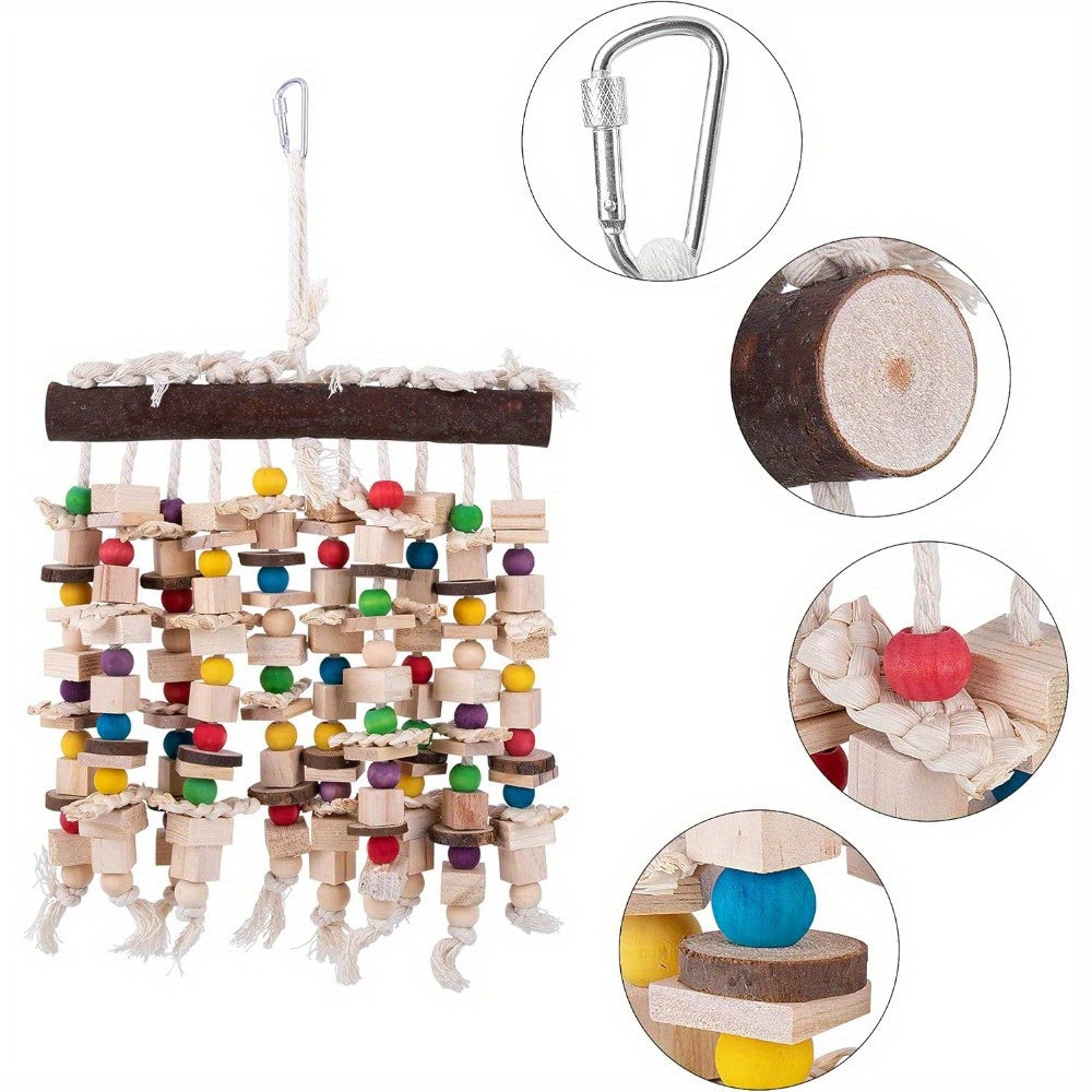 Hanging Parrot Chew Toy with Multicolored Wooden Blocks, 15.74 x 9.84 Inch Bird Cage Enrichment for Macaws, Cockatoos and African Greys