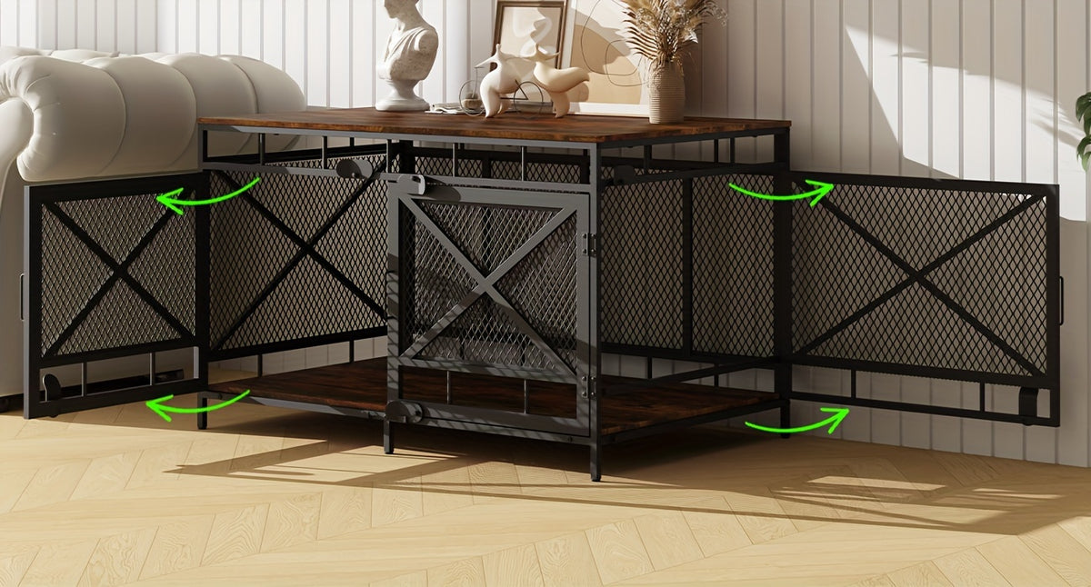 Dog Crate Furniture with Wooden Top, Heavy Duty Corner Dog Kennel with Double Doors and High-Density Metal Mesh, Indoor End Table Crate for Medium and Large Dogs, Vintage