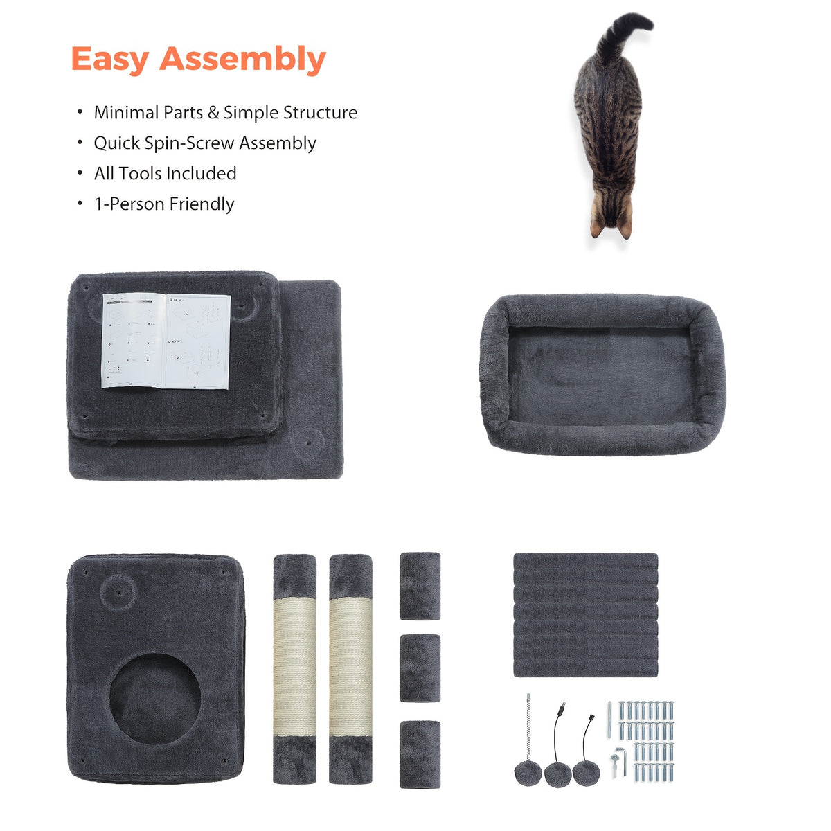 Cat Tree with Two Spacious Condos, 31.5 or 44 Inch Indoor Cat Tower with Washable Top Perch, 3.4 Inch Thick Scratching Posts and Two Play Toys