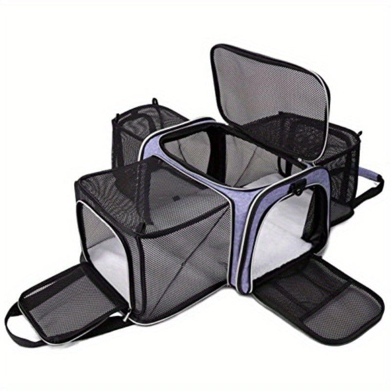Expandable Cat Carrier Backpack with 3-Sided Expansion and 5-Sided Ventilation, Soft-Sided Foldable Pet Travel Bag with Plush Fleece Pad